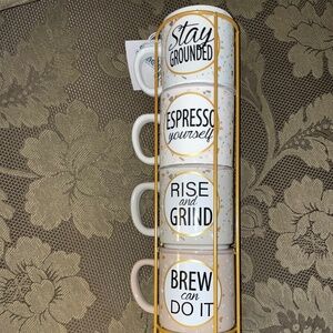 Elevated Coffee Mug Set with Gold Stand Designer Style Stackable Gift Set